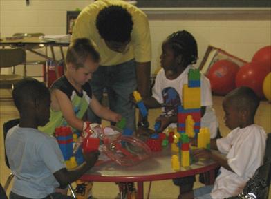 Preschoolers Building with Blocks