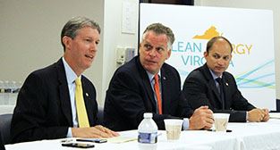 Gov. McAuliffe, center, with Todd Haymore, left, and Hayes Framme in Danville today.