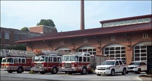 Exterior photo of fire truck bays at Station No. 1 on Lynn Street