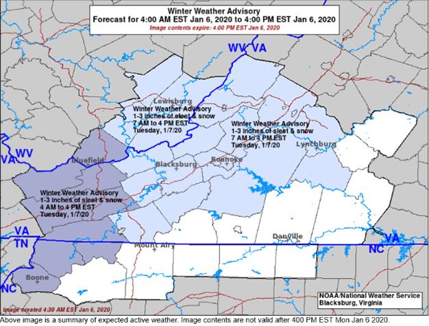 National Wesather Service winter weather advisory map as of Monday morning, Jan. 6, 2020