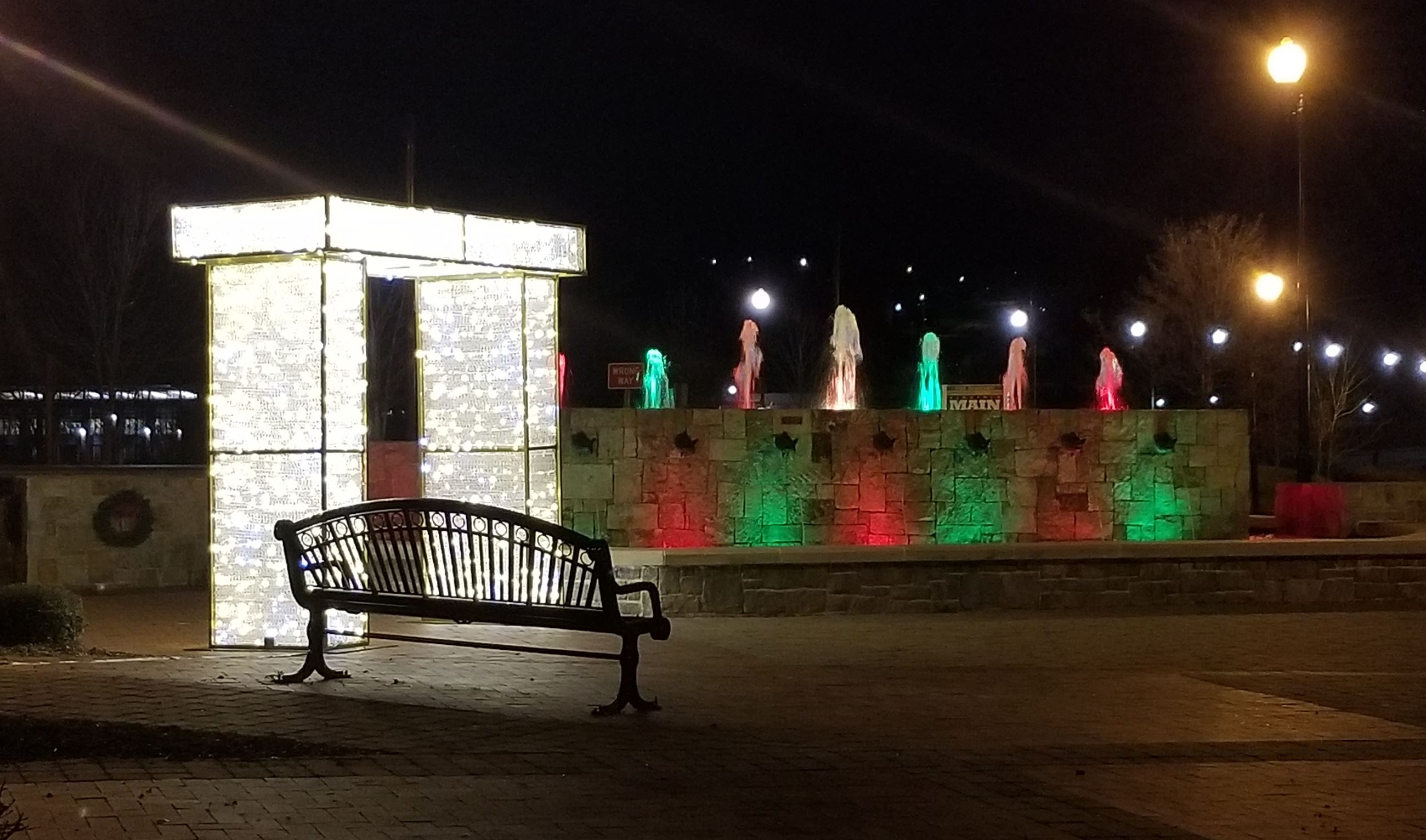Holiday lights at the JTI Fountain and Main Street Plaza