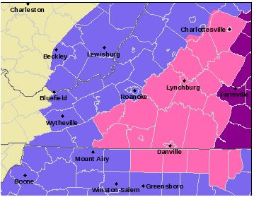 National Weather Service map showing winter storm warning area