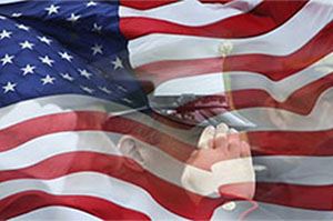 Veterans Day - American flag with soldier saluting